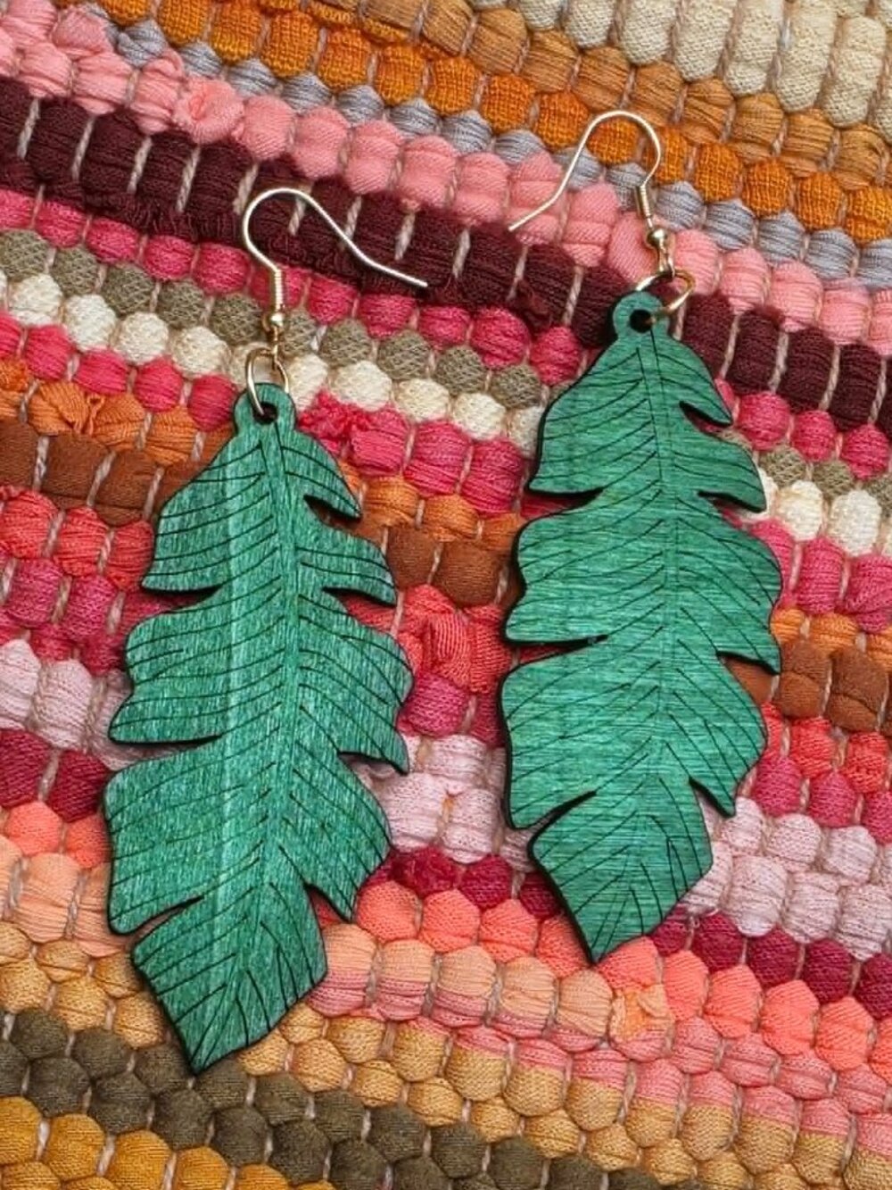 Boho Green Leaf Wood Earrings | Lightweight Statement Dangles | NWT - Picture 7 of 7